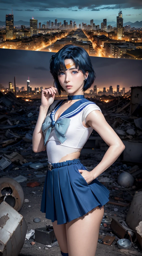masterpiece, Highest quality, High resolution, Venus 1, One girl, alone, Sailor Warrior Uniform, Sailor Mercury, Mizuno Ami, Blue Hair, Magical girl, blue eyes, Blue Skirt, Elbow hand pockets, tiara, Pleated skirt, Hair Ribbon, Blue Sailor Collar, mini skirt, choker, blue choker, White gloves, Short Hair,  jewelry,  Earrings, Cowboy Shot,More detailed 8K.Unreal Engine:1.4,超High resolution,La Highest quality:1.4, Realistic:1.4, Skin Texture:1.4, masterpiece:1.8,first work, Highest quality,Object Object], (Detailed facial features:1.3),(Fine hand:1.4),(Apocalyptic destroyed cityscape:1.4)
