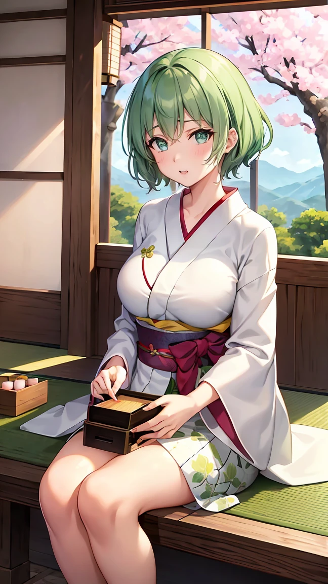 Girl with short green hair, Small breasts, Green Eyes, White Casual Beauty Special、(((tits))),Full body photo from head to toe、Kimono、Patterned Japanese clothing、Cherry tree in full bloom、Fluttering petals、、Graceful Manners、Playing the shamisen、Playing in a Japanese-style room、play a sound、Japanese Instruments、Healing、Soothing
