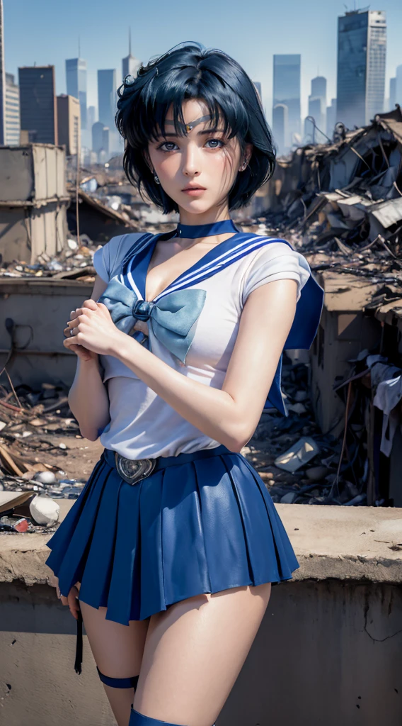masterpiece, Highest quality, High resolution, Venus 1, One girl, alone, Sailor Warrior Uniform, Sailor Mercury, Mizuno Ami, Blue Hair, Magical girl, blue eyes, Blue Skirt, Elbow hand pockets, tiara, Pleated skirt, Hair Ribbon, Blue Sailor Collar, mini skirt, choker, blue choker, White gloves, Short Hair,  jewelry,  Earrings, Cowboy Shot,More detailed 8K.Unreal Engine:1.4,超High resolution,La Highest quality:1.4, Realistic:1.4, Skin Texture:1.4, masterpiece:1.8,first work, Highest quality,Object Object], (Detailed facial features:1.3),(Fine hand:1.4),(Apocalyptic destroyed cityscape:1.4)