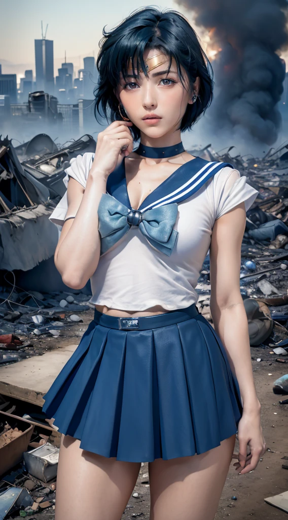 masterpiece, Highest quality, High resolution, Venus 1, One girl, alone, Sailor Warrior Uniform, Sailor Mercury, Mizuno Ami, Blue Hair, Magical girl, blue eyes, Blue Skirt, Elbow hand pockets, tiara, Pleated skirt, Hair Ribbon, Blue Sailor Collar, mini skirt, choker, blue choker, White gloves, Short Hair,  jewelry,  Earrings, Cowboy Shot,More detailed 8K.Unreal Engine:1.4,超High resolution,La Highest quality:1.4, Realistic:1.4, Skin Texture:1.4, masterpiece:1.8,first work, Highest quality,Object Object], (Detailed facial features:1.3),(Fine hand:1.4),(Apocalyptic destroyed cityscape:1.4)