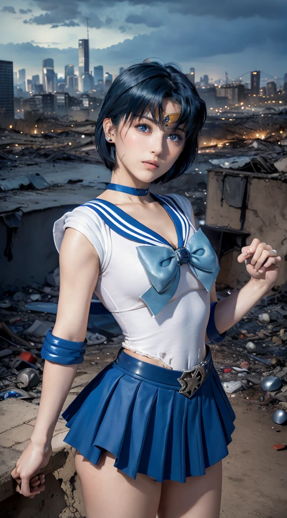 masterpiece, Highest quality, High resolution, Venus 1, One girl, alone, Sailor Warrior Uniform, Sailor Mercury, Mizuno Ami, Blue Hair, Magical girl, blue eyes, Blue Skirt, Elbow hand pockets, tiara, Pleated skirt, Hair Ribbon, Blue Sailor Collar, mini skirt, choker, blue choker, White gloves, Short Hair,  jewelry,  Earrings, Cowboy Shot,More detailed 8K.Unreal Engine:1.4,超High resolution,La Highest quality:1.4, Realistic:1.4, Skin Texture:1.4, masterpiece:1.8,first work, Highest quality,Object Object], (Detailed facial features:1.3),(Fine hand:1.4),(Apocalyptic destroyed cityscape:1.4)
