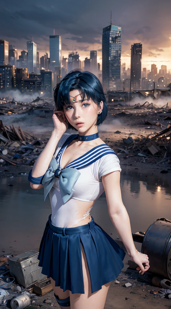 masterpiece, Highest quality, High resolution, Venus 1, One girl, alone, Sailor Warrior Uniform, Sailor Mercury, Mizuno Ami, Blue Hair, Magical girl, blue eyes, Blue Skirt, Elbow hand pockets, tiara, Pleated skirt, Hair Ribbon, Blue Sailor Collar, mini skirt, choker, blue choker, White gloves, Short Hair,  jewelry,  Earrings, Cowboy Shot,More detailed 8K.Unreal Engine:1.4,超High resolution,La Highest quality:1.4, Realistic:1.4, Skin Texture:1.4, masterpiece:1.8,first work, Highest quality,Object Object], (Detailed facial features:1.3),(Fine hand:1.4),(Apocalyptic destroyed cityscape:1.4)