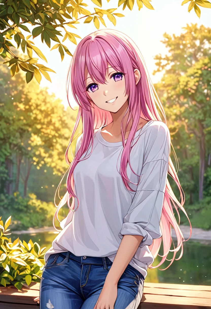 Megurine Luka smile casual clothes jeans pants colored morning peace upper body