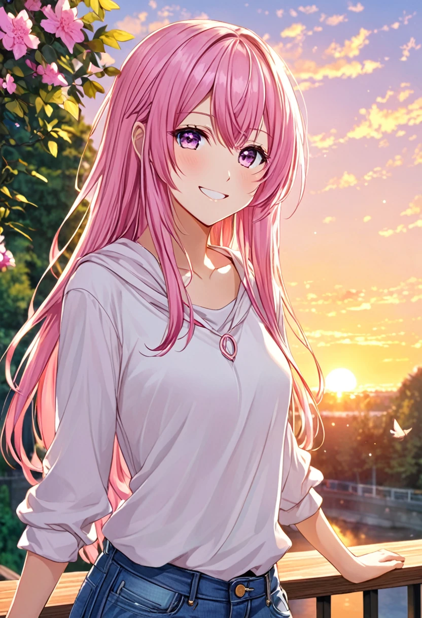 Megurine Luka smile casual clothes jeans pants colored morning peace upper body