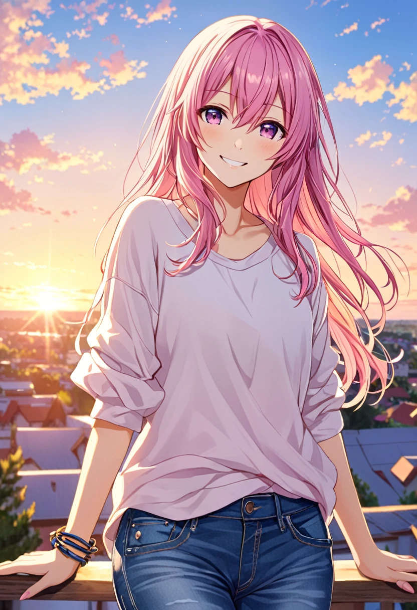 Megurine Luka smile casual clothes jeans pants colored morning peace upper body