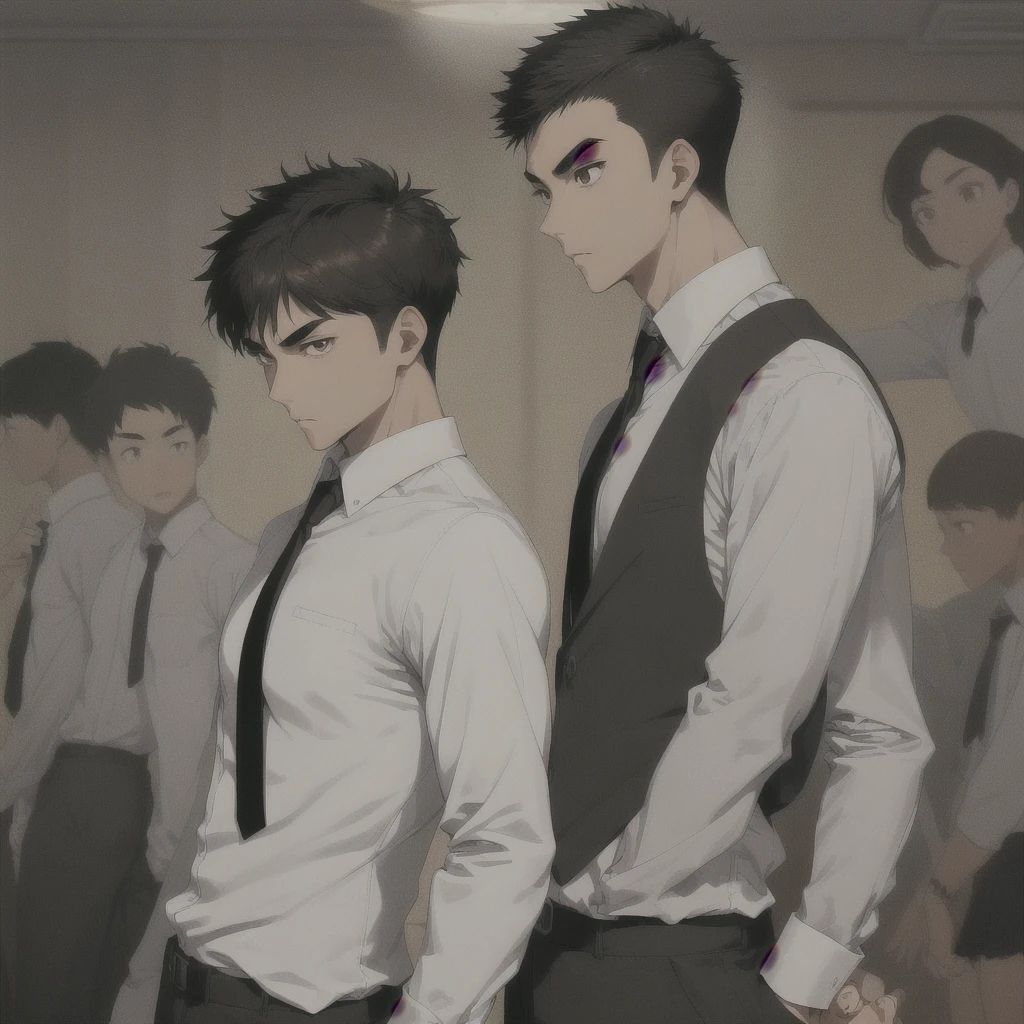 Male Asian young adult , medium length spikey hair , brown lazy eyes, thin sharp eyebrow, thin nose, good looking ,dark brown hair, tan skin, broad shoulders, lean, tall, short black tie, fitted white school shirt with rolled sleeves, light grey school pants, black fancy shoe , side profile view