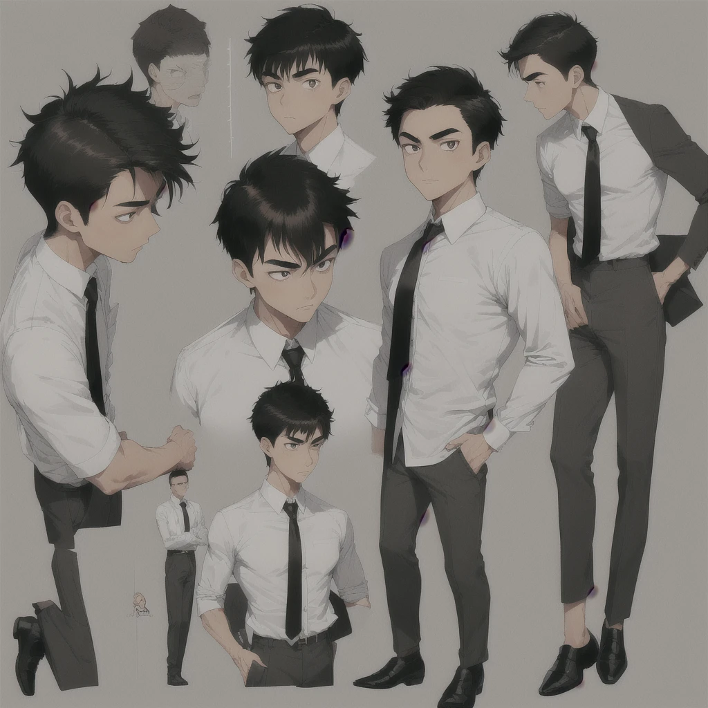 Male Asian young adult , medium length spikey hair , brown lazy eyes, thin sharp eyebrow, thin nose, good looking ,dark brown hair, tan skin, broad shoulders, lean, tall, short black tie, fitted white school shirt with rolled sleeves, light grey school pants, black fancy shoe , side profile view