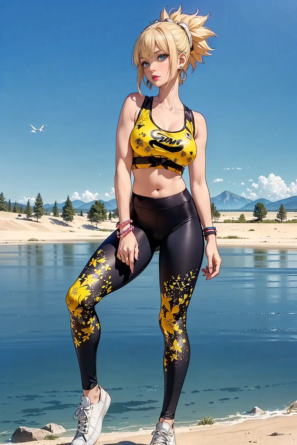 ((1woman, (solo, 1girl, alone), kohaku, blonde hair, blue eyes, tied hair)), smug, ((solo, (1woman, pink lipstick), Extremely detailed, ambient soft lighting, 4k, perfect eyes, a perfect face, perfect lighting, a 1girl)), austere, ((yellow tank top, gym top, leggings, lycra pants, printed pants, white sneakers, lake in the background, forest, sand, sunny day, bracelets, earrings, large lake))