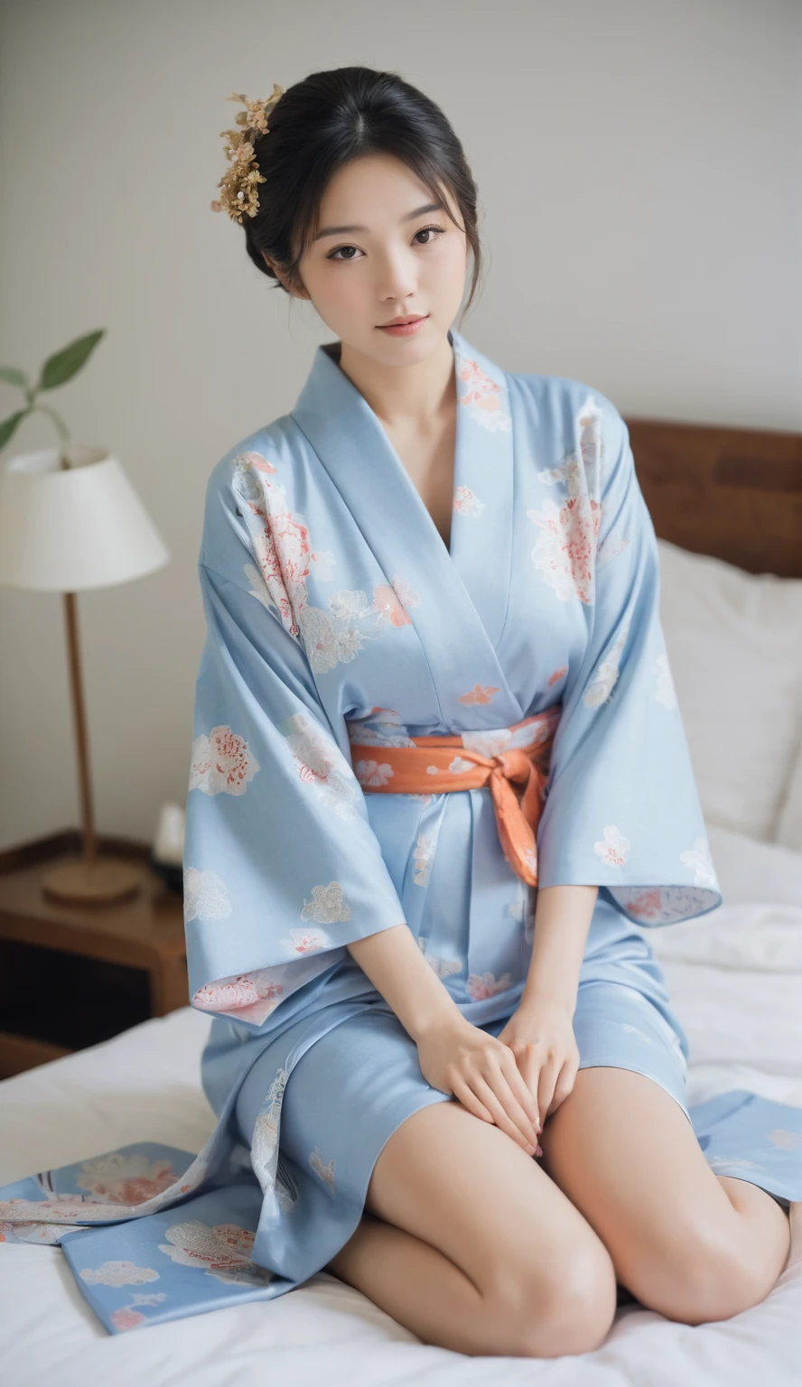 arafed asian woman in a kimono sitting on a bed, in kimono, wearing kimono, yukata, kimono, classy yukata, wearing a kimono, wearing a haori, wearing a simple robe, in a kimono, kimono, japanese kimono, wearing a simple robe, classic kimono, wearing royal kimono, Japanese Model, Traditional Japanese, Japanese style