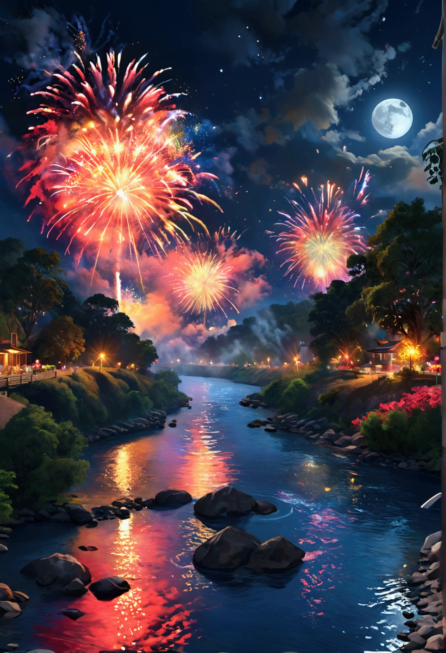 Please create high-quality, high-resolution, realistic illustrations that meet the following conditions.。-Many fireworks bursting into the night sky -There is a river flowing above ground -A beautiful full moon makes the fireworks stand out -Among the colorful fireworks, there is one in the shape of a heart.