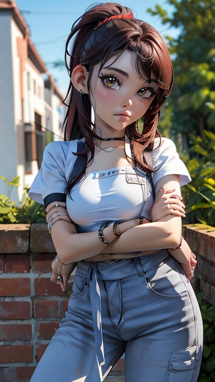 ,1girl, dark red hair, short sleeves, crew neck,   short ponytail, long bangs,  breasts, brown eyes, building, countryside, flat land     high-waist pants, lips, looking at viewer, pants, solo, standing, makeup, head tilt, crossed arms, 
masterpiece, best quality, artgem, digital art ,  madisonbeer, 3d, 3d background,