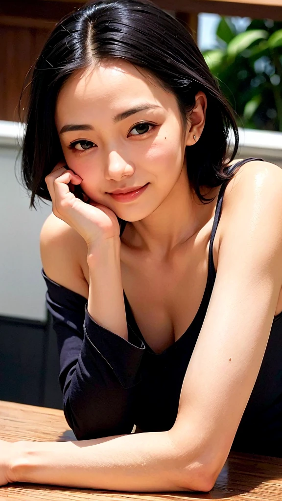 (1 woman:1.99)、(Wide forehead、Very short hair、Very small amount of hair、Forehead、Fuji frame:1.1)、Sunburn、、Naughty、Happy expression、満面のsmile、Weakness、love、I feel very comfortable alone、(Summer Course: 1.5),((Very sleepy、Improves skin texture,smile、Narrow eyes、Very weak eyesight、Very weak eyeliner、Eyes slightly closed、I know the shape of your head、Oval Face))、(slicked back hair:1.25)、Photographic, Raw photo, Mastepiece, Highly detailed photos, Digital SLR, Photo-realistic 1.4, Super hello nothing, Best Quality,(Elbows on the desk、tilting your head、whole body:1.7)