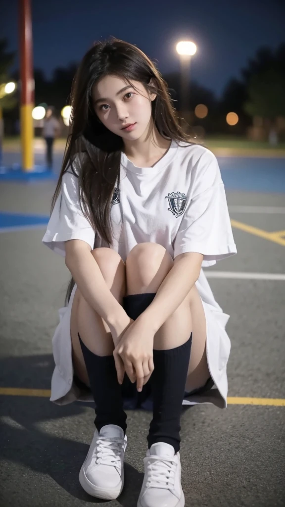 First-person perspective,a female high school student,Sit on the playground，night，wearing jk，Lovely, dont use pants, open her tight