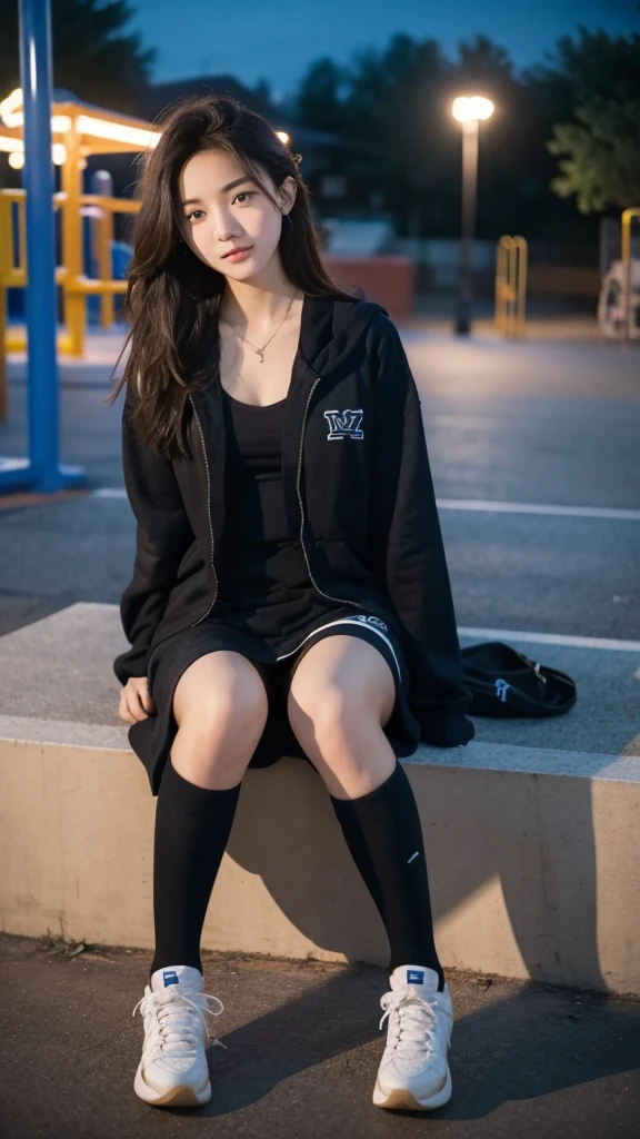 First-person perspective,a female high school student,Sit on the playground,night,wearing jk,Lovely, dont use pants, open her tight