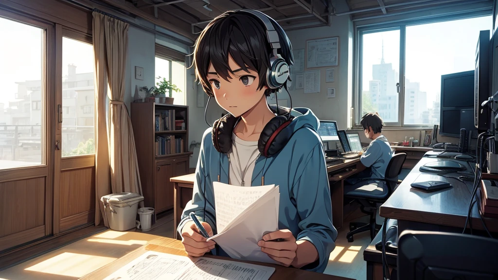 cover to listen to music, studio Ghibli or Lofi illustrations, boy with headphones studying