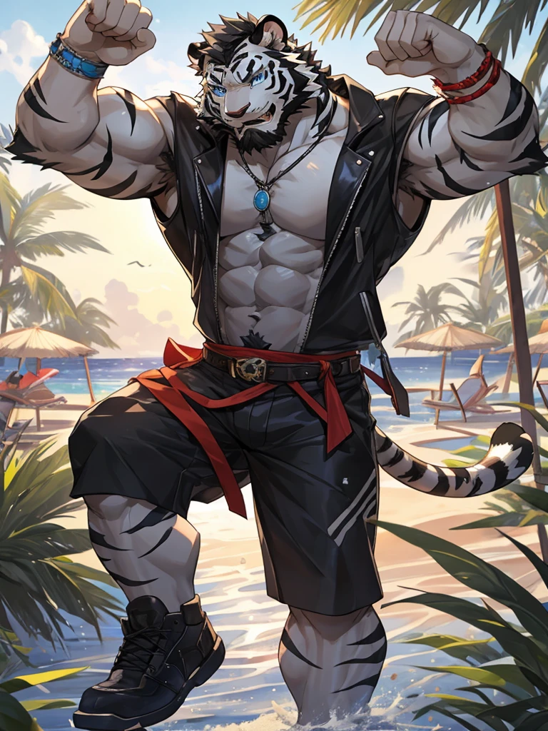((trending on E621, trending on Furaffinity digital media, trending on Artstation, trending on twitter , digital painting, digital media, digital paint, digital illustration, (masterpiece))) (((((((by_bigdad))))))), by takemoto arash, by_kuroma ,((((by_drks)))), by_ashendawger, by_kardie , BREAK ((((solo:1.3,Full body)))) ((((((anthro, anthrofield, (grey wolf)))))) | break | handsomeface,((((((elderlyface)))))), age_up_face , (((wildface)))))))), ((((((((charming)))))))) BREAK ((((((hyper_muscles:1.3)))))), (((detailed eyes,blue eyes))) | (((gray fur | finger claw | )))) | (((((((( gray hair | black eyebrow | short hair | black goatee hair | spiky_black_Ear_piercing))))))))) | BREAK (((((thick eyebrows))))) | BREAK (best quality | 8k | hi-res ) BREAK (((perfect face))) , there is a man taking a picture of himself on the beach, paradise in the background, in a beachfront environment, miami, relaxing on the beach, relaxing at the beach, posing on a beach with the ocean, is relaxing on a beach, artem, Grabbing the sunglasses on his eyes,with palm trees in the back