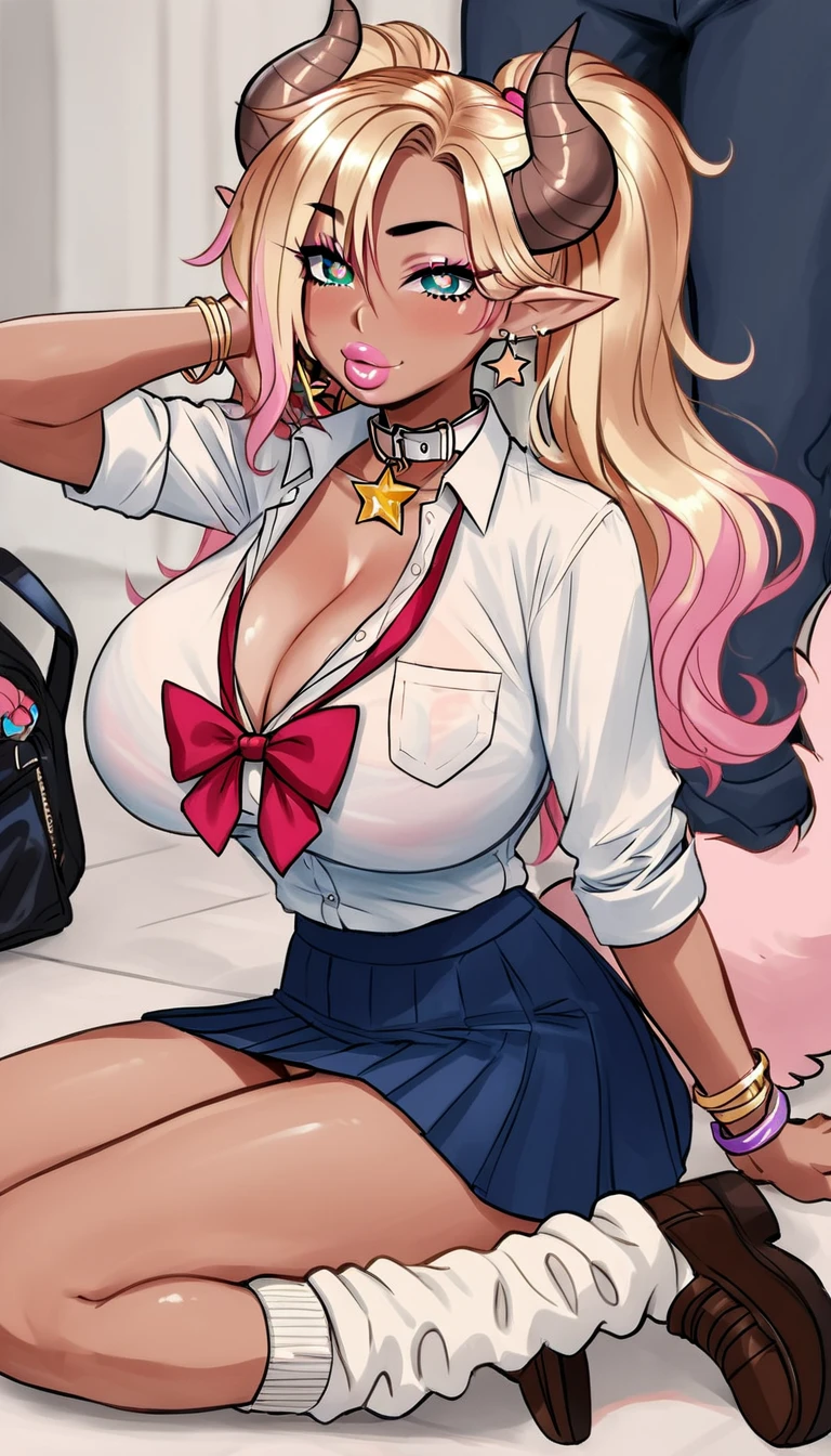 1girl, bimbo, thick lips, black eyebrows, huge tits, skimpy clothing,(((gyaru))), cyan eyes, (star pupils), elf ears, ((pink fluffy axolotl horns)), blue short skirt, red bow ribbon, white collar shirt, loose clothing, large loose socks, gyaru socks, brown flats,
Score_9,Score_8,score_7_up,source_anime, rating_questionable, 
