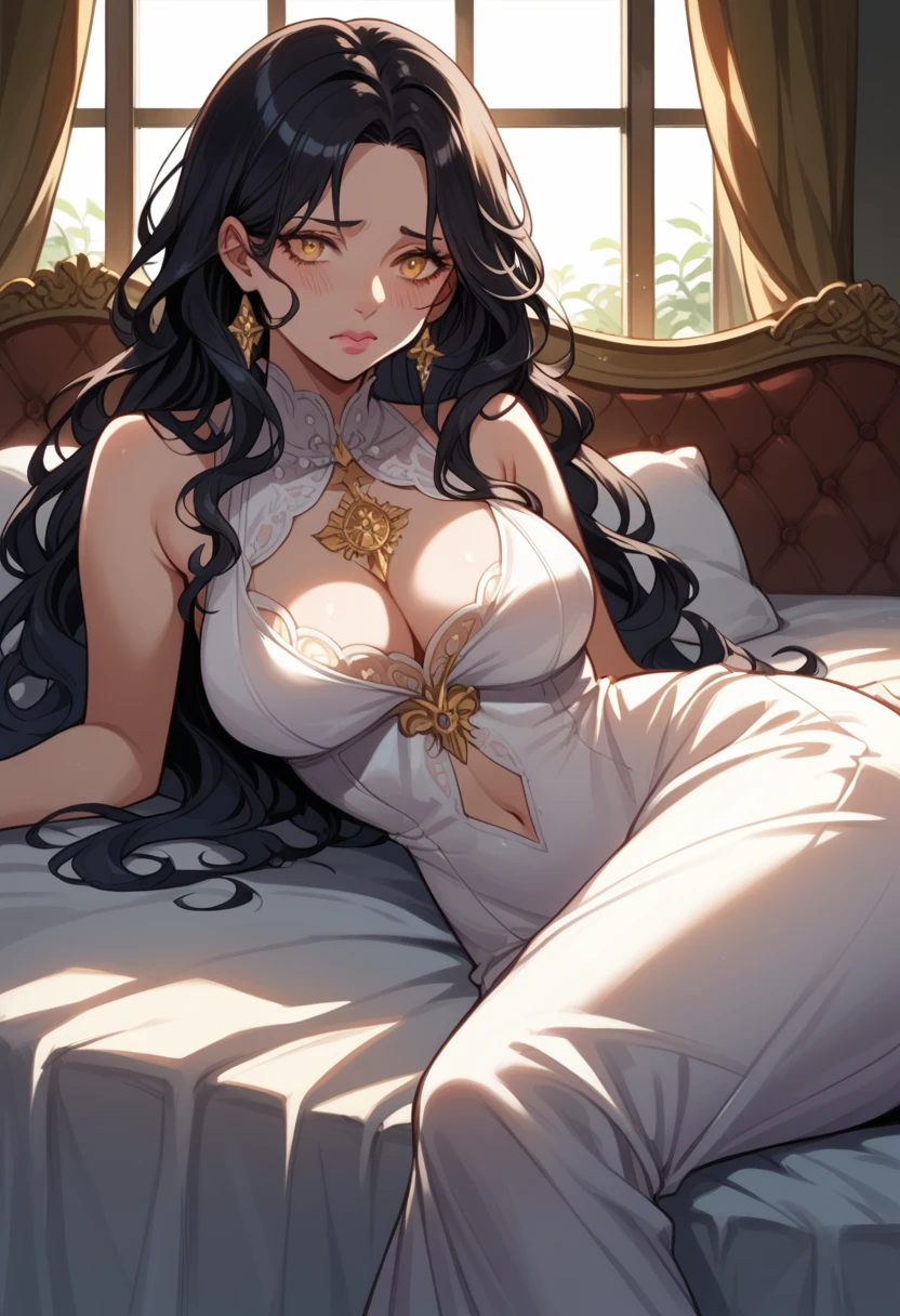 Highest quality, Highest Resolution, masterpiece, Super detailed, Beautiful woman, Black Hair, Long Hair, Golden Eyes, Pink Lips, indoor, Inside the room, sunlight, Bright light, Embarrassed look, Large Breasts, Big Hips, Big Ass, Flowing Hair, Lying in bed, whole body, Front view,