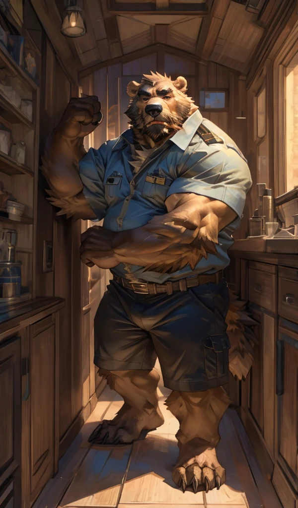 By Taran Fiddler, one man, anthro canine (Bearded Grizzly bear), adult male, elderly, slightly wrinkled face, black eyebrows, stern facial expression, grumpy, bushy mustache, mustache covering mouth, dilf, hands on the wall, pushing against wall, shirtless, black shorts, facing away from viewer, boat interior, inside living quarters, back shot angle of character