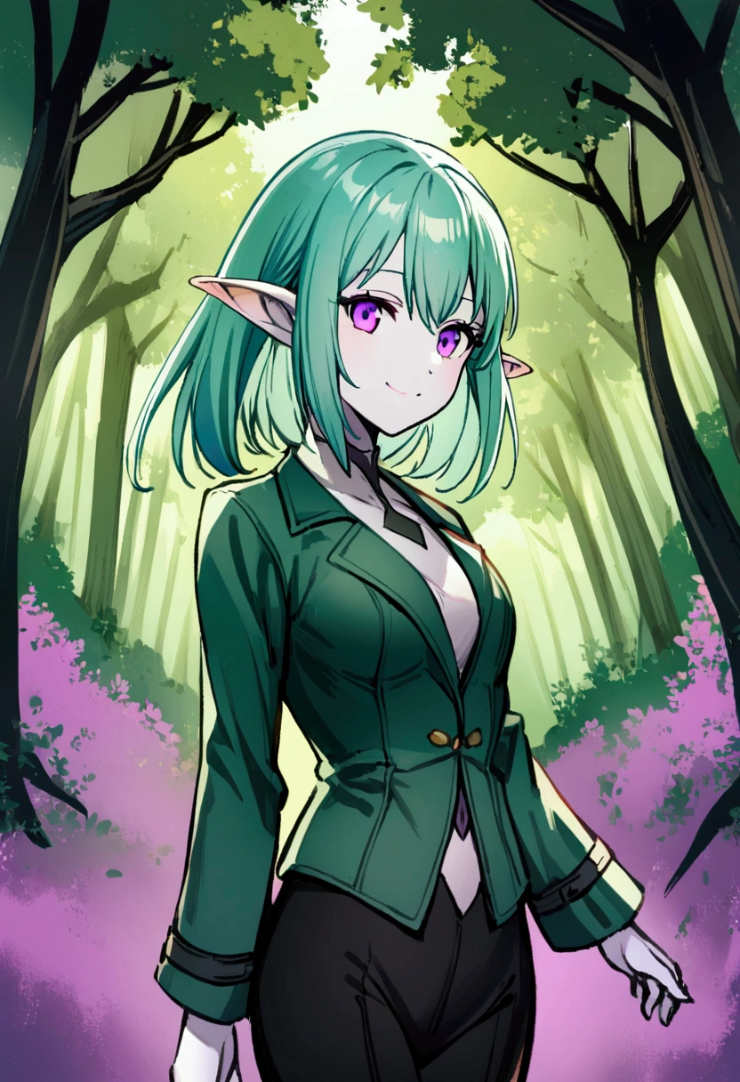 1girl with short cyan hair, elven ears, slender, medium breasts,pale skin, smile, violet eyes, fantasy world forest on background, old and raw jacket