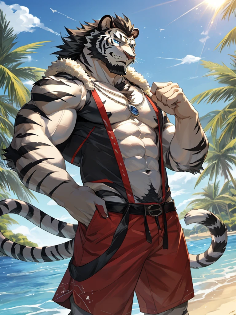 Masterpiece, Solo, Furry Black White Tiger, Blue Eyes, Medium Black Hair, Medium Black Facial Hair, Muscular Body, Cool Pose, Handsome, Good Looking, Adult, Fierce, Smirking mouth open, Summer outfit, summer background