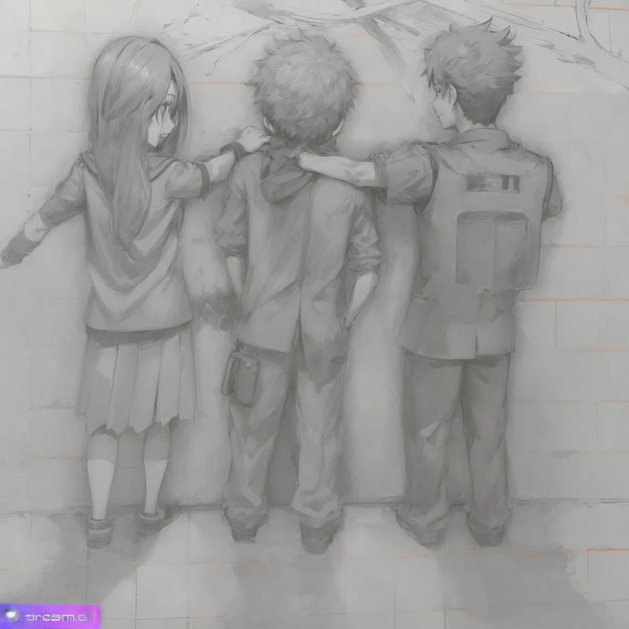 3 student with uniforms, a beautiful woman with a scarf, In the middle, a student with a scarf and jacket is studying., and the side a muscular male, tall and hugged with a happy back looking at the sun ahead.
