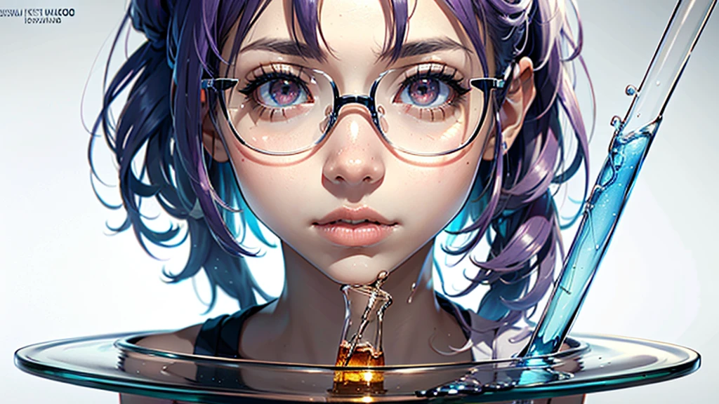 cinderella girl,1girl,long purple hair,ponytail,glasses,white lab coat,curious expression,inquisitive face, with glass sample tubes, doing an experiment with bright liquids, white laboratory background,(best quality,8k,highres,masterpiece:1.2),ultra-detailed,(realistic:1.37),professional,vivid colors,studio lighting,physically-based rendering,concept art