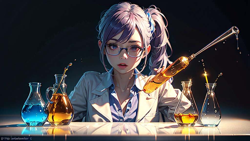 cinderella girl,1girl,long purple hair,ponytail,glasses,white lab coat,curious expression,inquisitive face, with glass sample tubes, doing an experiment with bright liquids, white laboratory background,(best quality,8k,highres,masterpiece:1.2),ultra-detailed,(realistic:1.37),professional,vivid colors,studio lighting,physically-based rendering,concept art