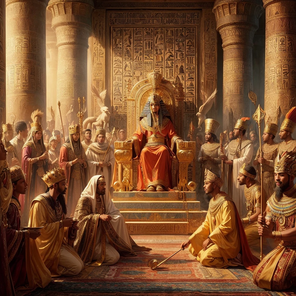 crie uma imagem da coroação de Tutancâmon em 1332 a.c. Show the young pharaoh on an ornate throne, wearing a nemes and royal adornments. cercado por sacerdotes e nobres em trajes tradicionais, the setting must have walls with hieroglyphics and vibrant paintings, capturing the grandeur and reverence of the event."