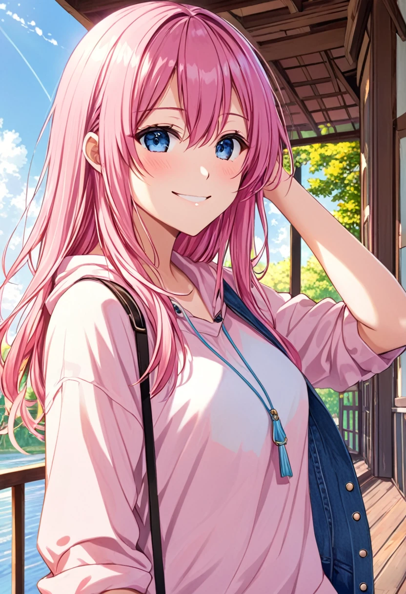 Megurine Luka smile casual clothes jeans pants colored morning peace upper body