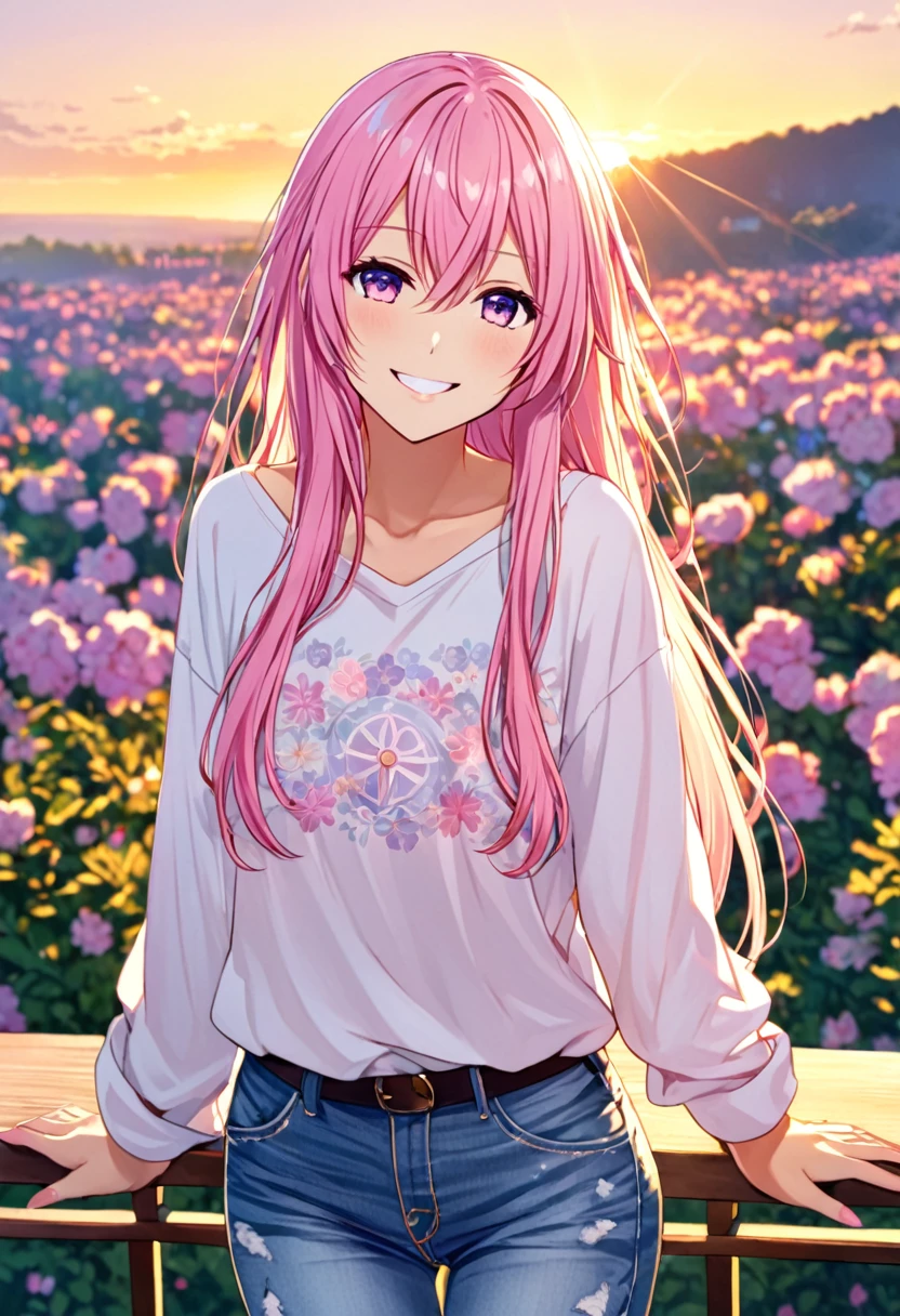 Megurine Luka smile casual clothes jeans pants colored morning peace upper body