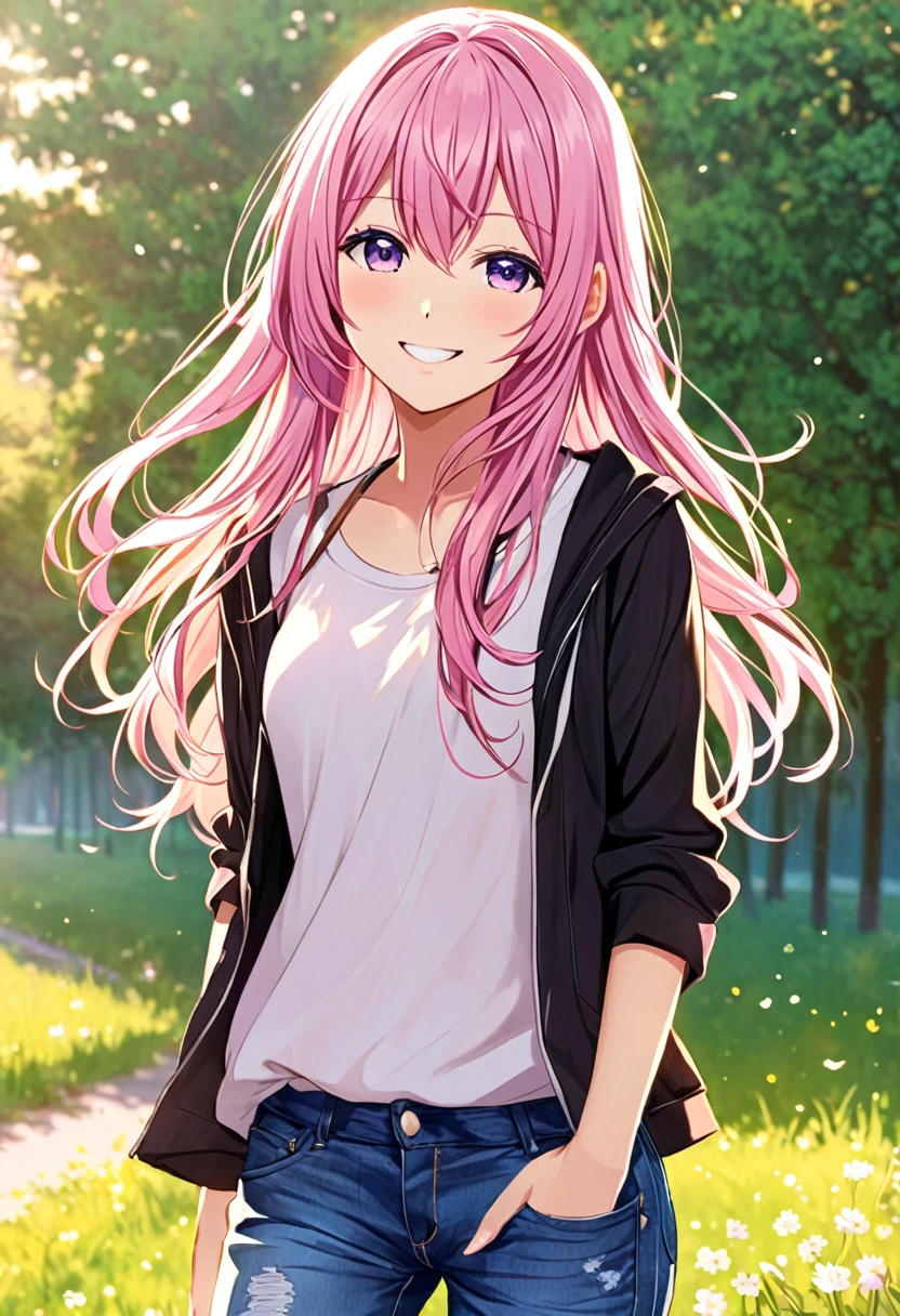 Megurine Luka smile casual clothes jeans pants colored morning peace upper body