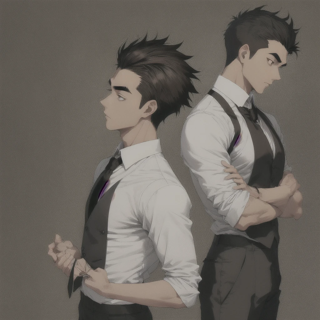 Male Asian young adult , medium length spikey hair , brown lazy eyes, thin sharp eyebrow, thin nose, good looking ,dark brown hair, tan skin, broad shoulders, lean, tall, short black tie, fitted white school shirt with rolled sleeves, light grey school pants, black fancy shoe , side profile view , no vest no jacket