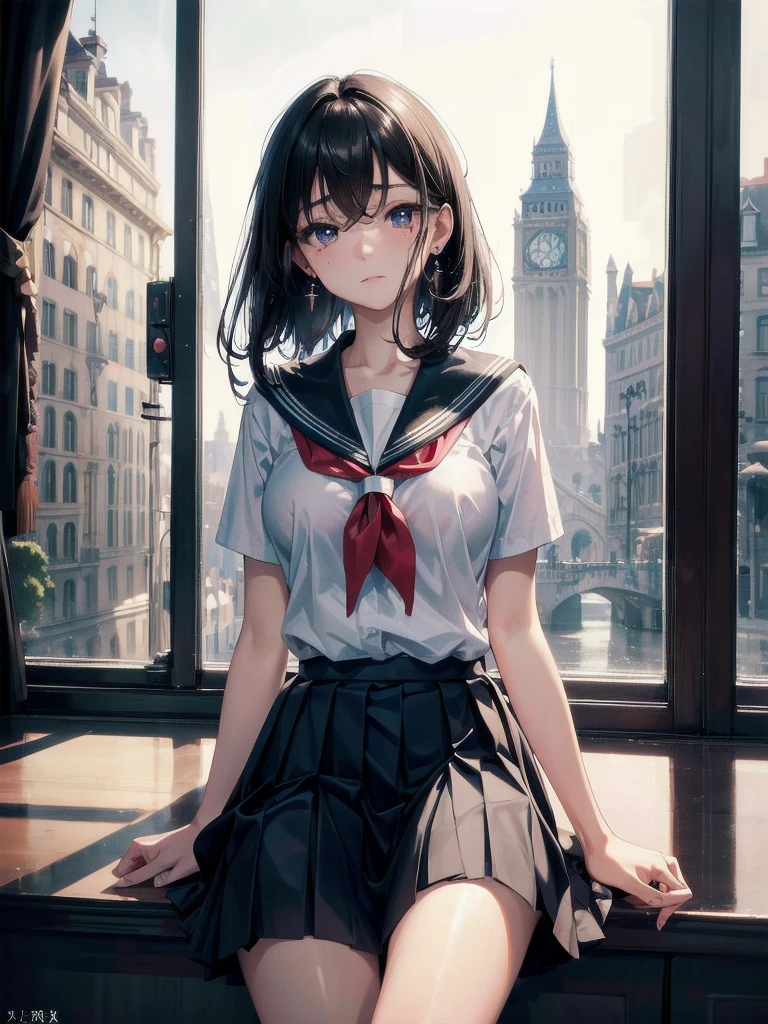 absurdres, RAW photo, extremely delicate and beautiful, masterpiece, Best Quality, ultra high resolution, 32k, hyperrealistic, ultra-detailed, tearful mole, earring, medium breasts, whole body shot, medium hair, asymmetrical hair, ((school_uniform)), short skirt,