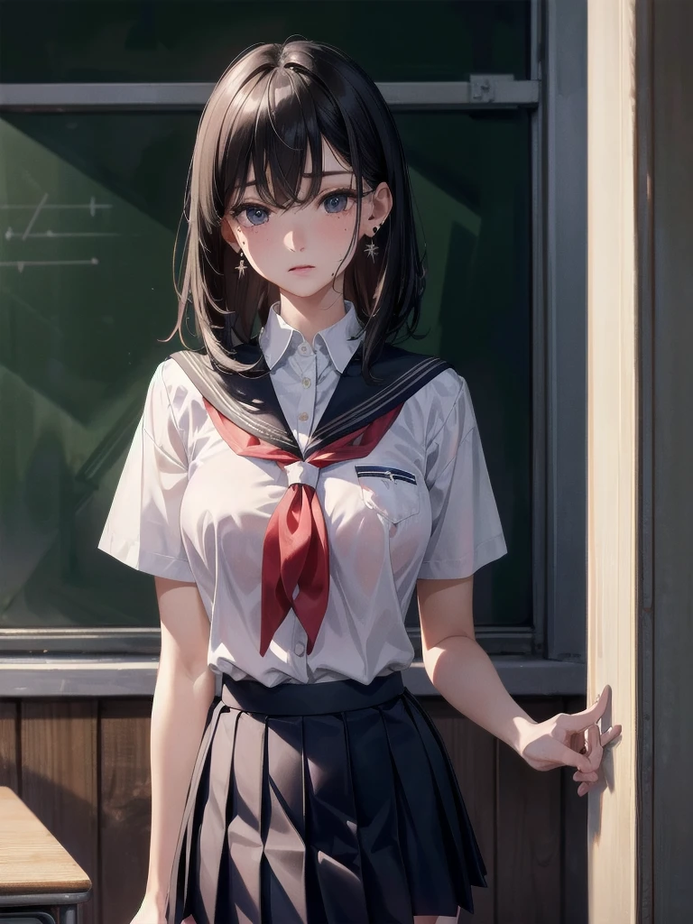 absurdres, RAW photo, extremely delicate and beautiful, masterpiece, Best Quality, ultra high resolution, 32k, hyperrealistic, ultra-detailed, tearful mole, earring, medium breasts, whole body shot, medium hair, asymmetrical hair, ((school_uniform)), short skirt,