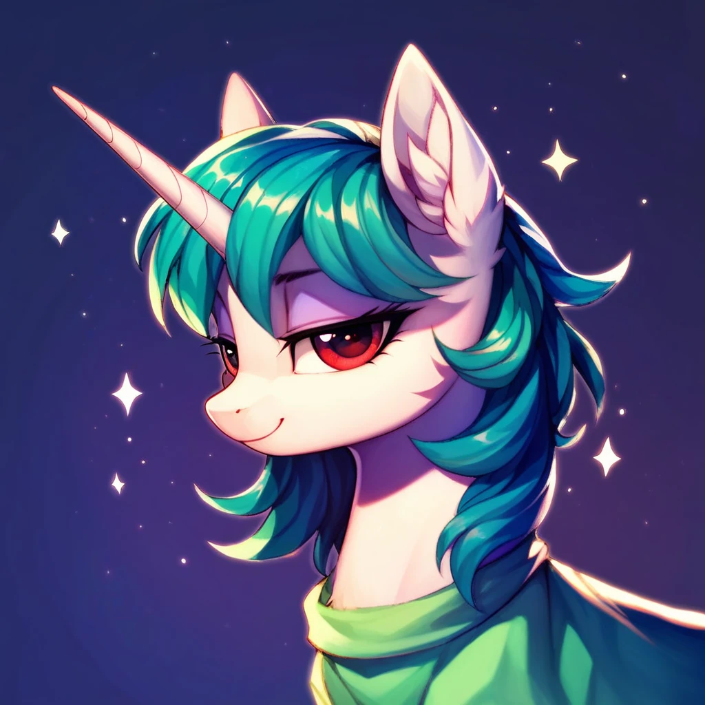 score_9, score_8_up, score_7_up, score_6_up, score_5_up, score_4_up,  (by aki99), source_pony, rating_suggestive, (feral unicorn), bedroom eyes, shiny, masterpiece, detailed soft lighting, ear fluff, green_hair, straight_hair, Short_Hair, Fluffy_Hair, wolfcut_hair, light_green_skin, Red_eyes, hair_acessorios, Stars, Sparkles.