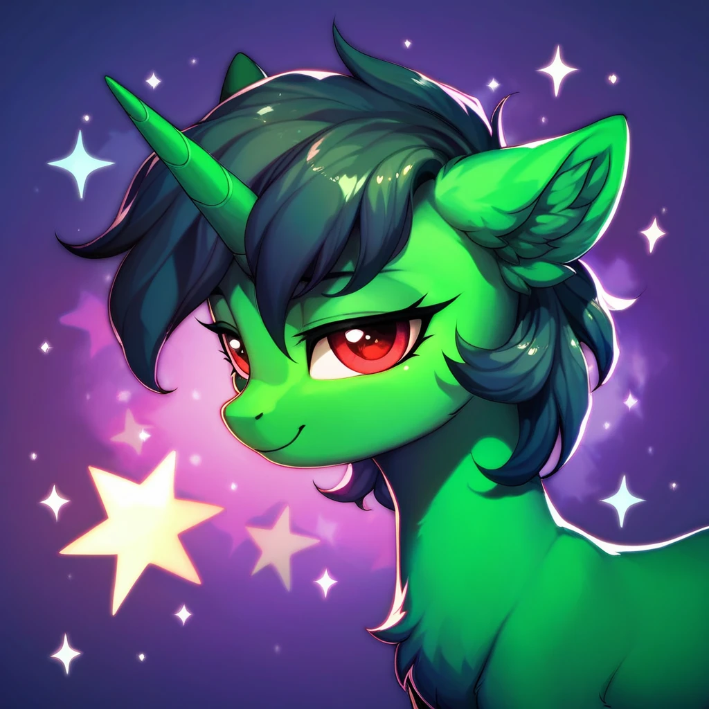 score_9, score_8_up, score_7_up, score_6_up, score_5_up, score_4_up, (by aki99), source_pony, rating_suggestive, (feral unicorn), bedroom eyes, shiny, masterpiece, detailed soft lighting, ear fluff, green_hair, straight_hair, Short_Hair, Fluffy_Hair, wolfcut_hair, light_green_skin, Red_eyes, hair_acessorios, Stars, Sparkles.