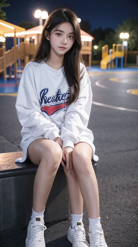 First-person perspective,a female high school student,Sit on the playground,night,wearing jk,Lovely