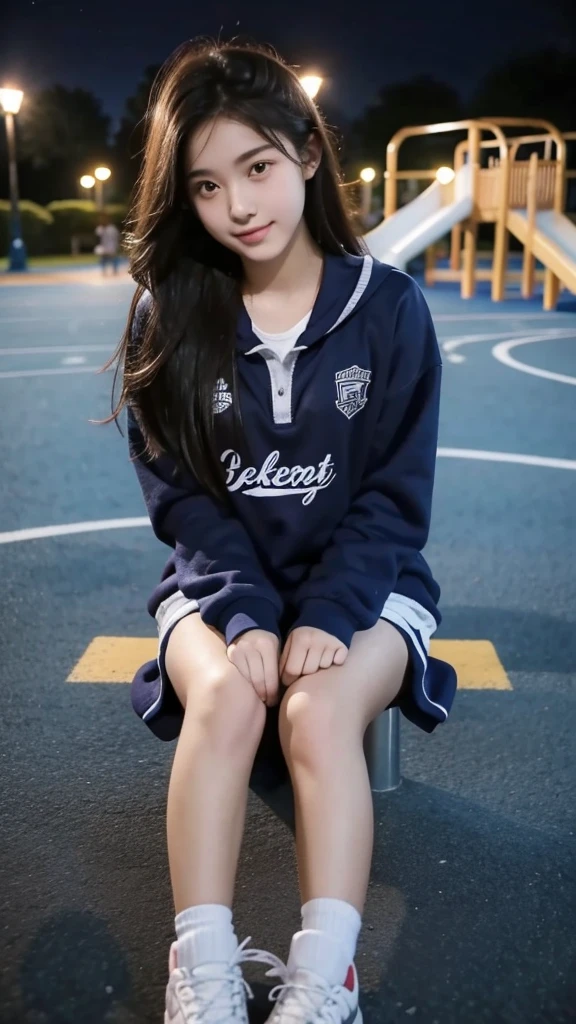 First-person perspective,a female high school student,Sit on the playground,night,wearing jk,Lovely