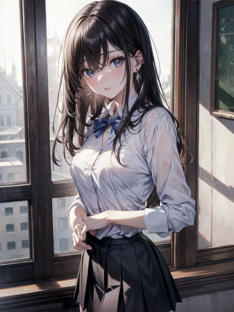 absurdres, RAW photo, extremely delicate and beautiful, masterpiece, Best Quality, ultra high resolution, 32k, hyperrealistic, ultra-detailed, tearful mole, earring, medium breasts, whole body shot, medium hair, asymmetrical hair, ((school_uniform)), short skirt,