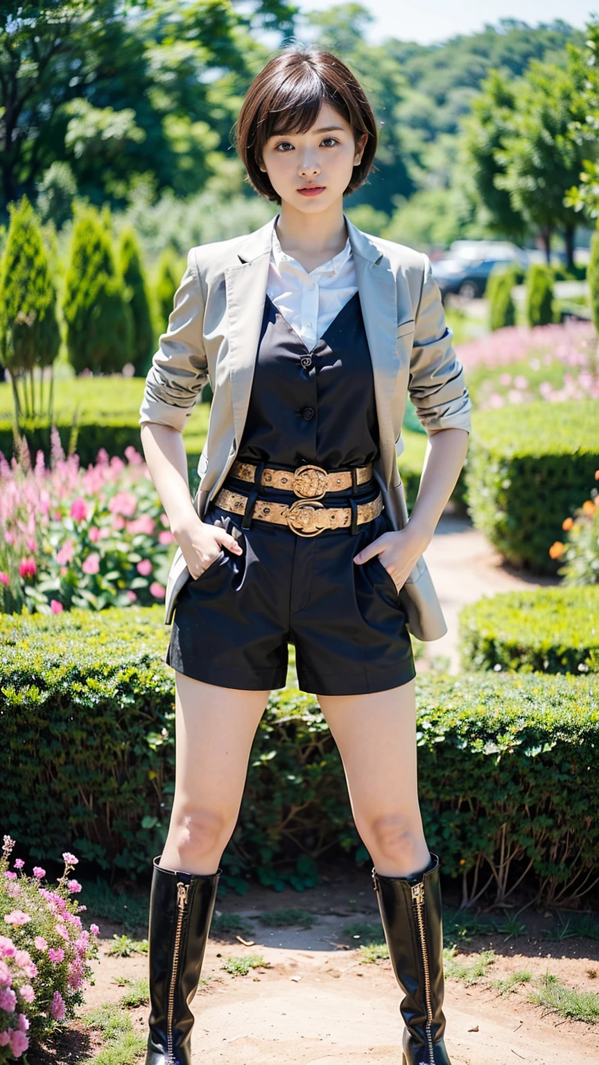 (8k、RAW Photos、Highest quality、masterpiece:1.2)、(Realistic、Realistic)、1 Girl、((suit、Black shorts、Short Hair、boots、garden、View from the front、Looking at the camera、belt、Hands on your hips))、cute