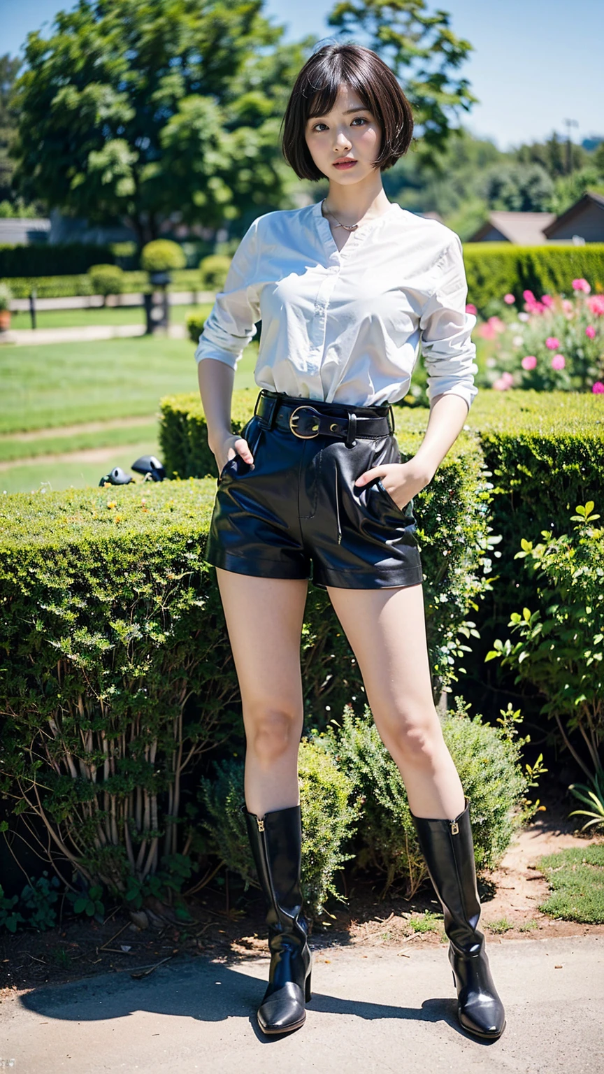 (8k、RAW Photos、Highest quality、masterpiece:1.2)、(Realistic、Realistic)、1 Girl、((suit、Black shorts、Short Hair、boots、garden、View from the front、Looking at the camera、belt、Hands on your hips))、cute