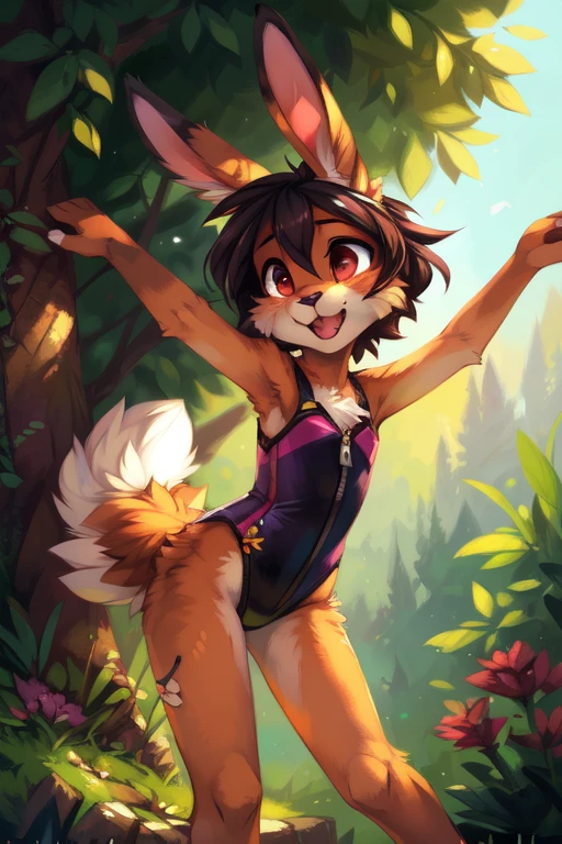 by kenket, by Zackary911, by hyattlen, by teranen, by fumiko, by Pixelsketcher, by Bayard Wu, by Einshelm, by Kilinah, by Hioshiru, by fluff-kevlar, by Dimwitdog, (((by blackkitten))), Furry, Anthro, solo, ((bunny)), ((female)), ((slender)), ((young)), ((fluffy tail)), innocent look, floppy ears, ears down, short hair, dynamic pose, small breasts, short bunny tail, stretching, leotard, crotch zipper, lace, embroidery, surprised eyes, mouth open, shocked