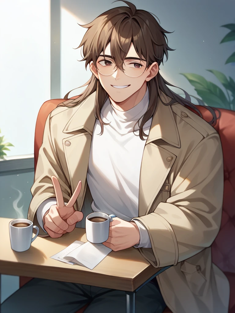 man, about 25 years old, not so long hair.
dark brown eyes.
Brown hair.
sitting down, having some coffee, V-neck clothing and a light brown trench coat.
clear skin, large square lenses, smiling, HD.