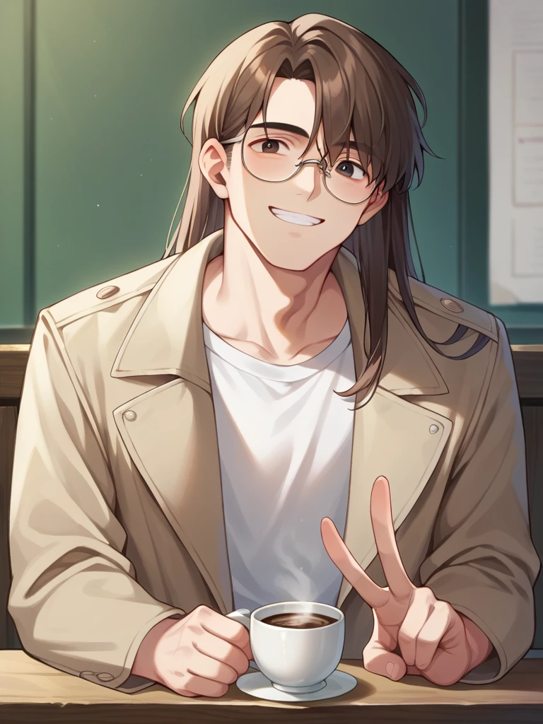 man, about 25 years old, not so long hair.
dark brown eyes.
Brown hair.
sitting down, having some coffee, V-neck clothing and a light brown trench coat. 
clear skin, large square lenses, smiling, HD. 