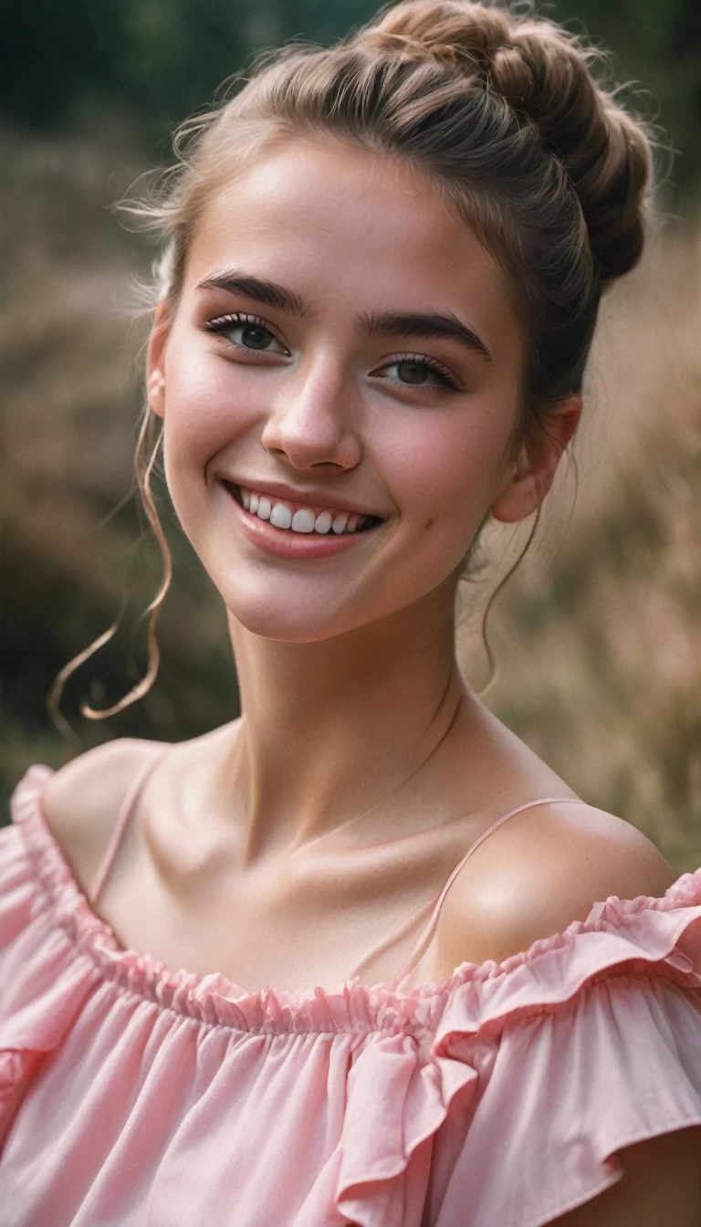 a beautiful young Belgian woman, 20 years old, highly detailed face, brown hair bun, ideal face, ideal legs, cute smile, realistic detailed skin, wearing pink ruffle mini dress, hidden valley of unicorns, RAW candid cinema, 16mm, color graded portra 400 film, remarkable color, ultra realistic, highest quality, masterpiece photography,  