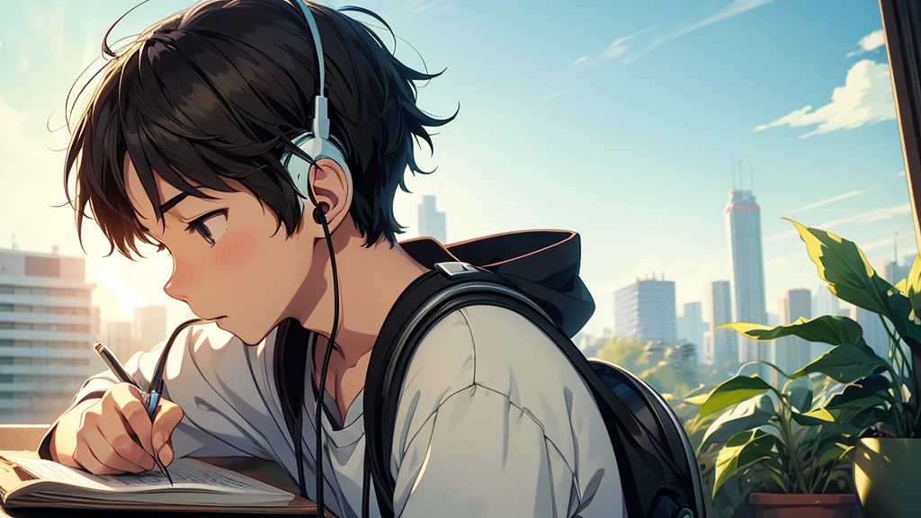 cover to listen to music, studio Ghibli or Lofi illustrations, boy with headphones studying, profile anfulum