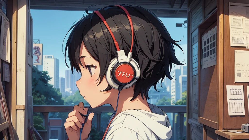cover to listen to music, studio Ghibli or Lofi illustrations, boy with headphones studying, profile anfulum