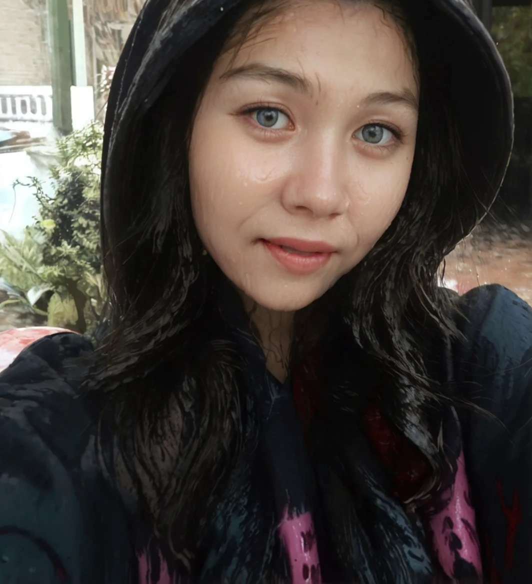 (Best quality, ultra-detailed, 8k, high resolution, masterpiece:1.2), beautiful girl wearing a white button-down shirt, caught in the rain, happy expression, (wet hair:1.5), glossy raindrops on her face, shining wet hair, (refreshed, rejuvenated:0.8), smiling despite the rain, holding a partially open umbrella, rainwater droplets on the umbrella, (splashing puddles on the ground:0.5), (bright colors:0.7), light blue and red hues in the background from the rain, (sharp focus on her face:1.2), bright lighting