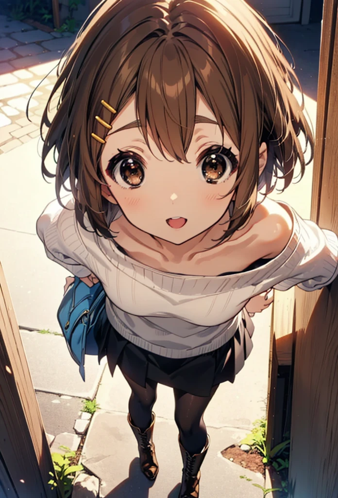 yuihirasawa, Yui Hirasawa, short hair, Brown Hair, hair ornaments, (Brown eyes:1.5), Hair Clip,One-shoulder sweater,mini skirt,Black pantyhose,short boots,Walking,morning,morning陽,The sun is rising,smile,Open your mouth,whole bodyがイラストに入るように
break outdoors,Building district, 
break looking at viewer, whole body,
break (masterpiece:1.2), Highest quality, High resolution, unity 8k wallpaper, (figure:0.8), (Beautiful attention to detail:1.6), Highly detailed face, Perfect lighting, Highly detailed CG, (Perfect hands, Perfect Anatomy),